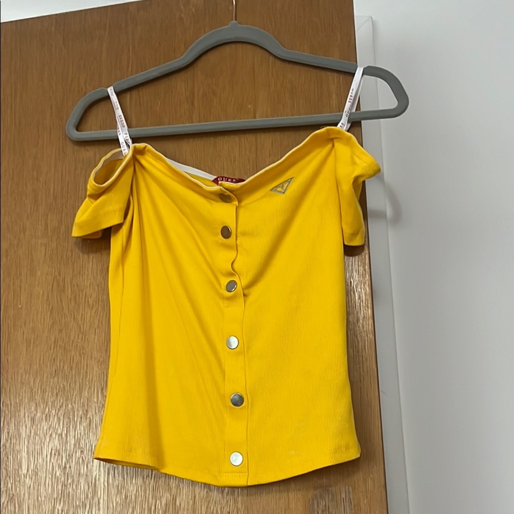 Guess Yellow Off-Shoulder Buttoned Top